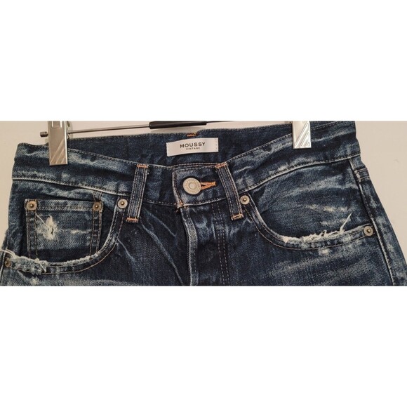 Moussy Vintage SZ 25 Wms Button Fly Jeans  Dark Wash Hand Distressed Japanese - Picture 3 of 14